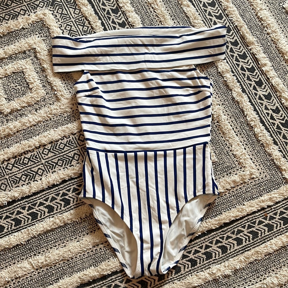 Solid and Striped Vera Off the Shoulder Nautical One Piece - Size Medium